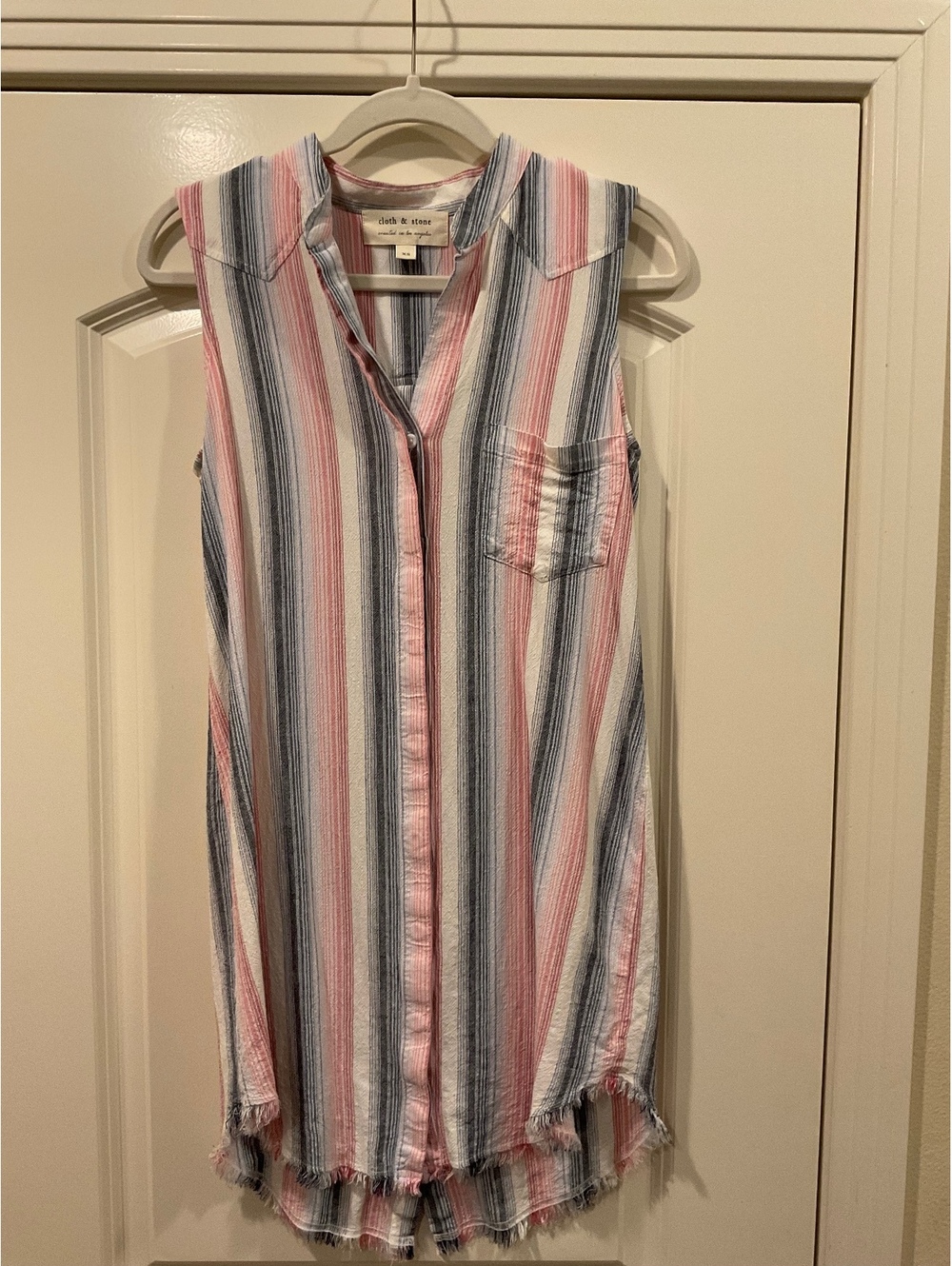 Cloth & Stone Sunburst Striped Shirt Dress Sleeveless Linen Blend Raw Hem XS